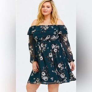 NEW! Torrid Floral Mini Chiffon Off-Shoulder Skater Dress Green SZ 22